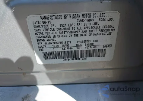 2015 Infiniti Q50 Premium from USA, damaged, VIN JN1BV7AR3FM416371